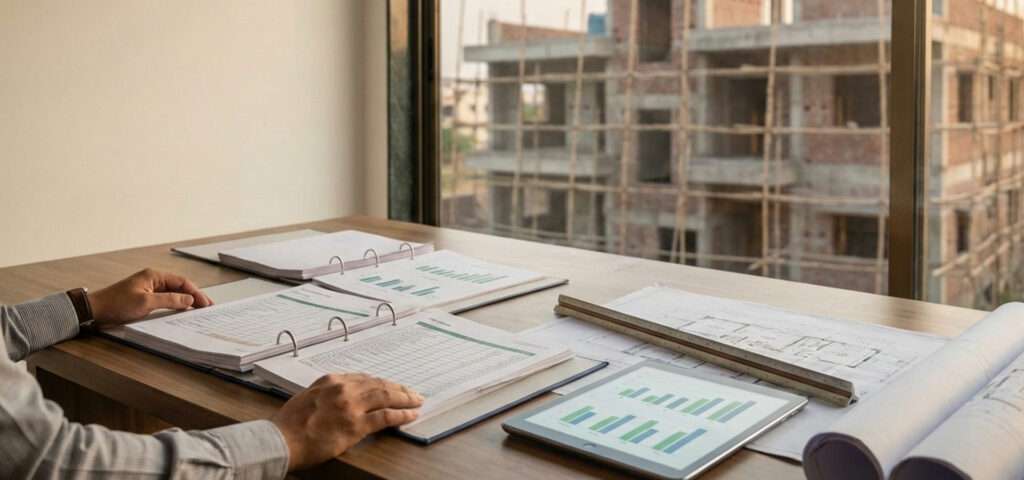 construction team reviewing pricing breakdown