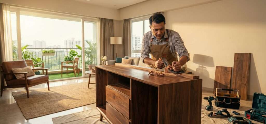 carpenter working on wooden furniture in Lucknow
