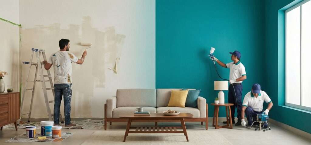 Professional painters applying weather-proof coating on a house in Uttar Pradesh