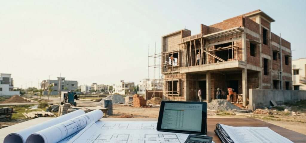 Construction site of a modern 3BHK residential building in Lucknow