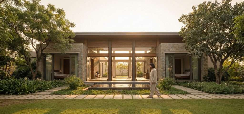 Modern luxury villa exterior featuring Vastu-compliant north-east windows and natural stone finishes.