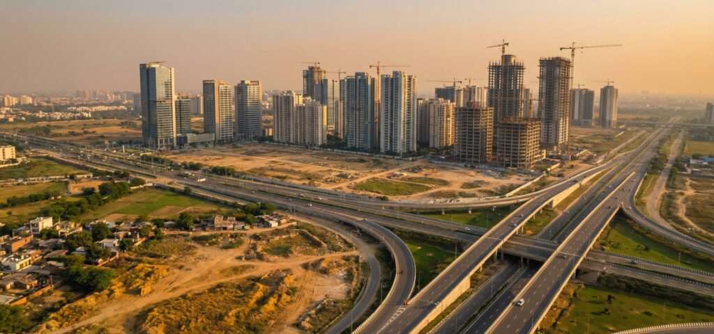 Aerial view of developing urban infrastructure in a Tier-2 Indian city.